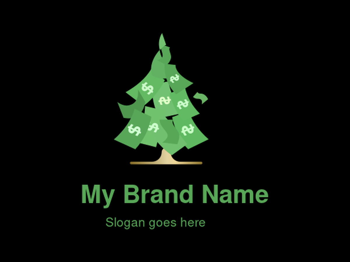 Abstract Green Money Tree with Falling Dollar Bills and Golden Base Logo for Financial Growth, Investment, Wealth Management, or Abundance